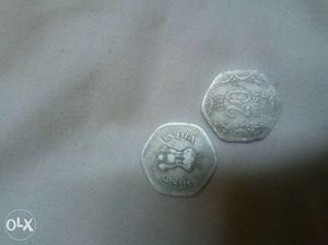 Two Silver 20 India Paise Coins