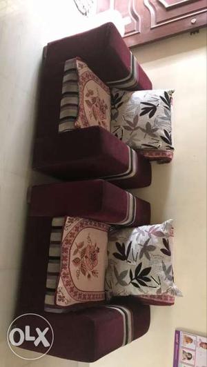 Two plus three Maroon-and-beige Floral Sofa Chairs