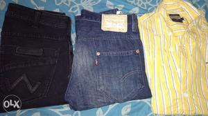 2 jeans wrangler and Levi's 1 casual shirt Pepe