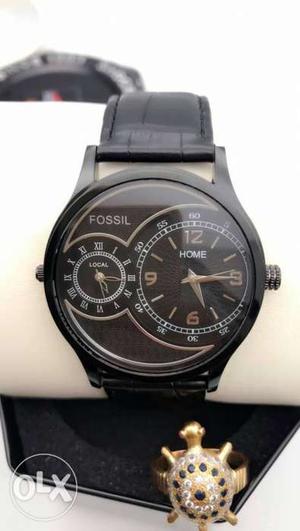 Black Double time dail leather watch.free shipping