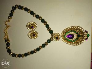 Embellished Purple Gemstone Gold Necklace With Earrings