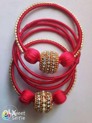 Gold, Diamond, And Red Silk Thread Bangles