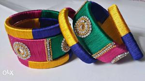 Green yellow blue & pink silk thread bangles
