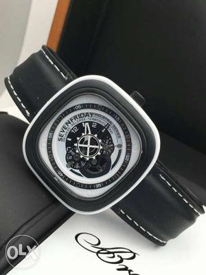 Rectangular Black And White Chronograph Watch With Black