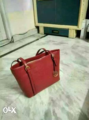 Red Michael Kors Leather Tote Bag
