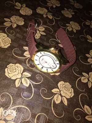 Round Brown Band White Chronograph Watch