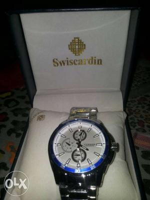 Round Silver And Blue Swiscardin Chronograph Watch With Link