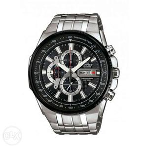 Round Silver Edifice Chronograph Watch With Link Band