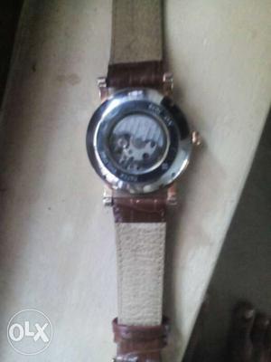 Round Silver Watch With Leather Strap