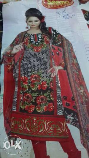 Women's Black,red,white, And Green Kameez