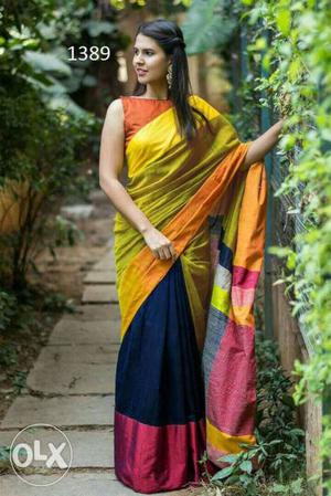 Women's Orange, Yellow And Blue Sari