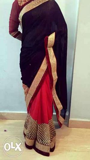 Women's Red, Gold And Black Sari