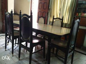 Rectangular Brown Wooden Dining Table With 6-chair Set