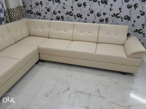 Beige Leather Tufted Sectional Sofa