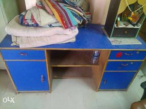 Blue And Brown Wooden Computer Desk