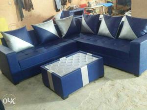 Brand new L-shape sofa set in blue and gray