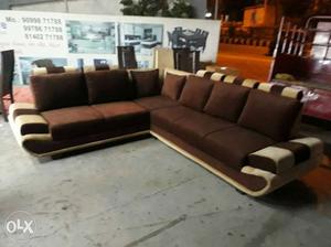 Brown-and-gray Suede Corner Sofa Set