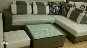 Gray And White Leather Corner Sofa With Ottoman