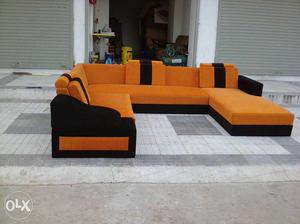 Orange And Black Leather U-sectional Sofa