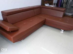 Tufted Brown Leather Padded Sectional Sofa