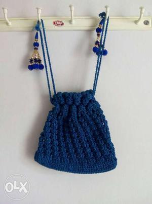 Blue Knitted Drawstring Bag