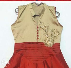 Red And golden fancy frock with dupatta and bottom.