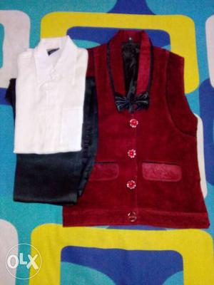 Red velvet short coat with white shirt along with