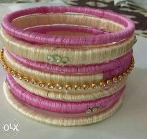 Beige And Pink Silk Thread Bangles