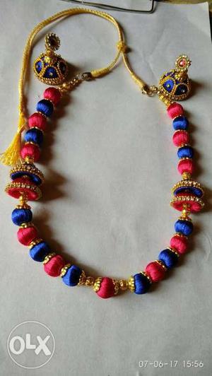 Blue-and-pink Silk Thread Necklace With Jhumka Earring