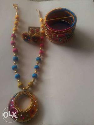 Blue-red-and-orange Threaded Jewelry Set
