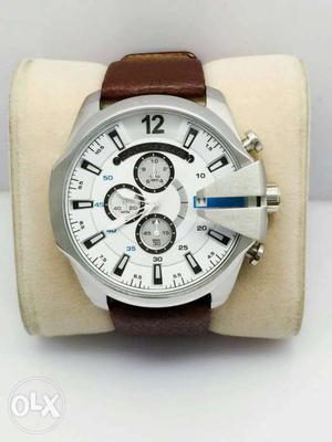 Brown Leather Strap Silver Framed Chronograph Watch