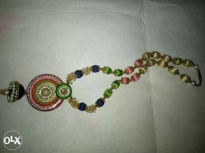 Brown,pink And Green Silk Thread Necklace With Round Pink