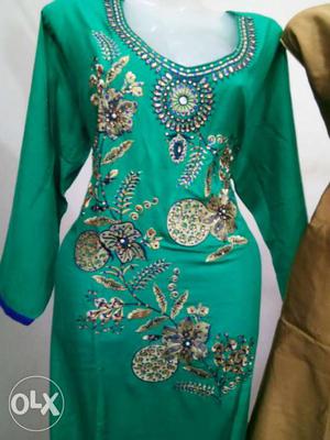 Green, Brown And Blue Floral Scoop Neck Long Sleeve Dress