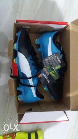 Pair Of Blue-and-black Puma Cleats In Box