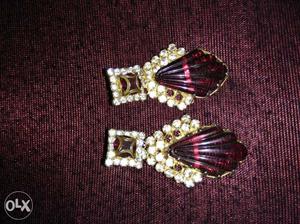 Pair Of Diamond Beaded Ruby Earrings