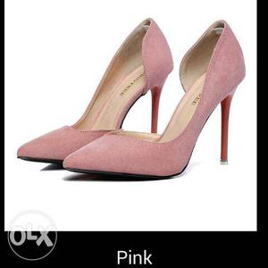 Pair Of Pink Suede Pointed Toe Stiletto Shoes