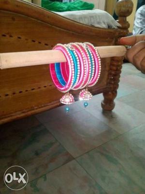 Pink And Blue Silk Threaded Bangles
