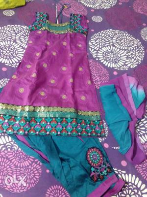 Pink, Blue And Green Floral Embroidered Traditional Dress