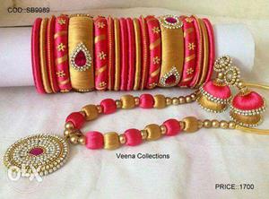 Pink-and-gold-colored Silk Bangles, Jhumka Earrings, And