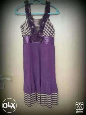 Purple And White Striped U-neck Sleeveless Ruffled Dress