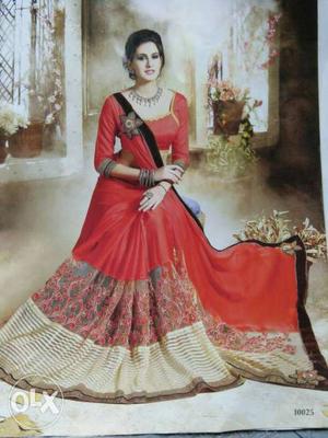 Red And Beige Floral Sari