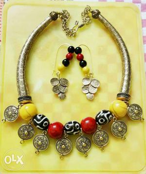 Red And Yellow Beaded Necklace And Earrings Set