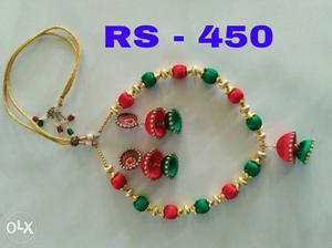 Red-and-green Jhumka Earrings With Bracelet