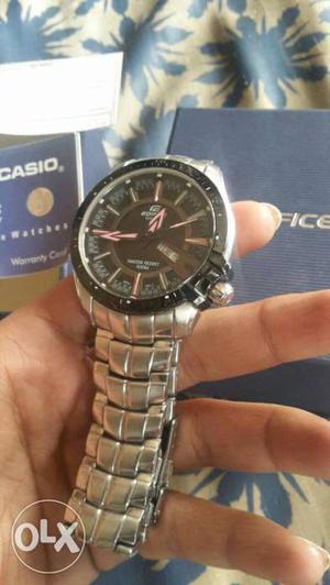 Round Black Casio Edifice Chronograph Watch With Silver Link
