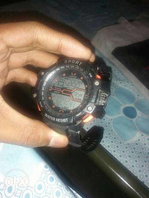 Round Black Digital Watch With Rubber Strap