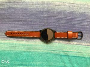 Round Black Framed With Brown Leather Strap Watch