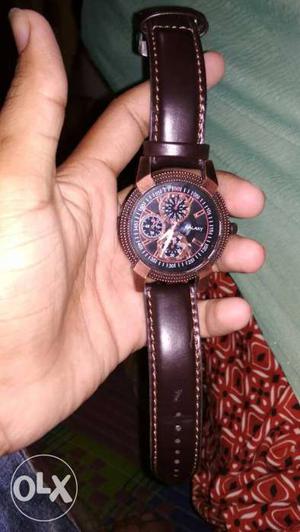 Round Brown Case Chronograph Watch With Brown Strap