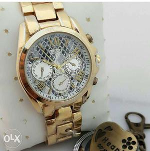 Round Gold Plated Guess Chronograph Watch