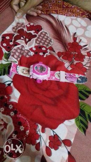 Round Pink And White Barbie Watch