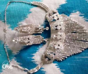 Silver And Diamond Bib Necklace And Earrings